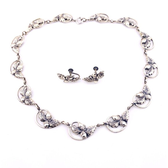 Danecraft Sterling Silver Necklace Earrings Set Signed Acorns n Leaves Links VTG - Picture 2 of 7
